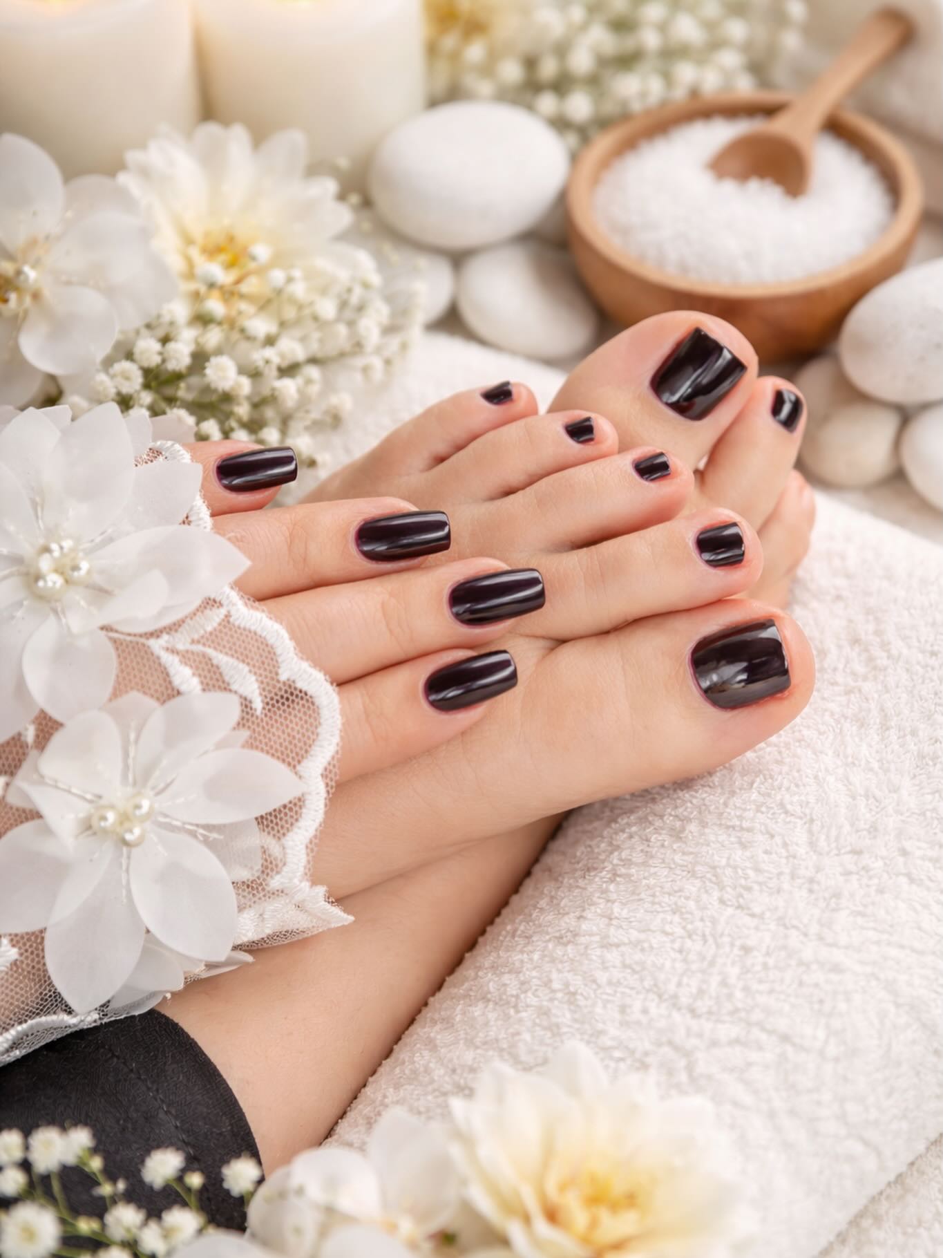 Coordinated deep plum manicure and pedicure by BeautifulClawz