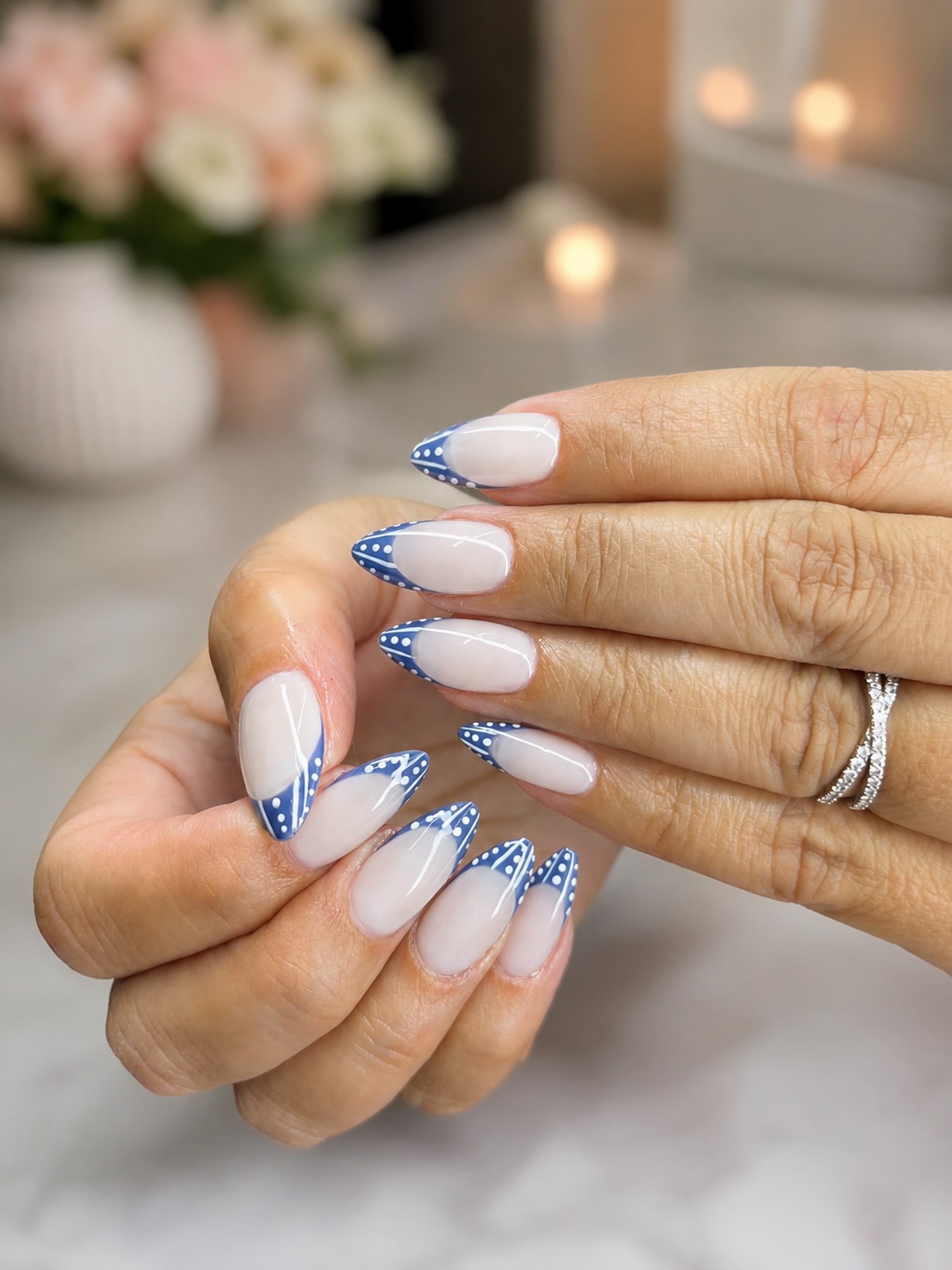 Blue French Apres nail set with white dot detailing by BeautifulClawz