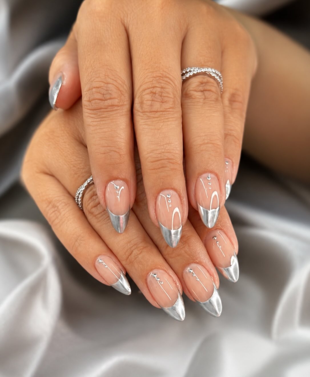 Chrome silver French almond nail set by BeautifulClawz