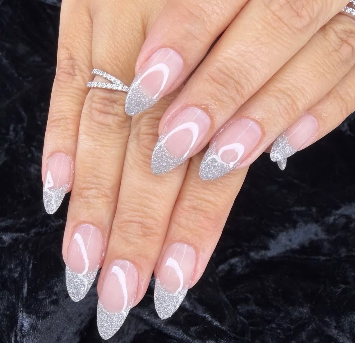 Silver glitter French almond nail set by BeautifulClawz